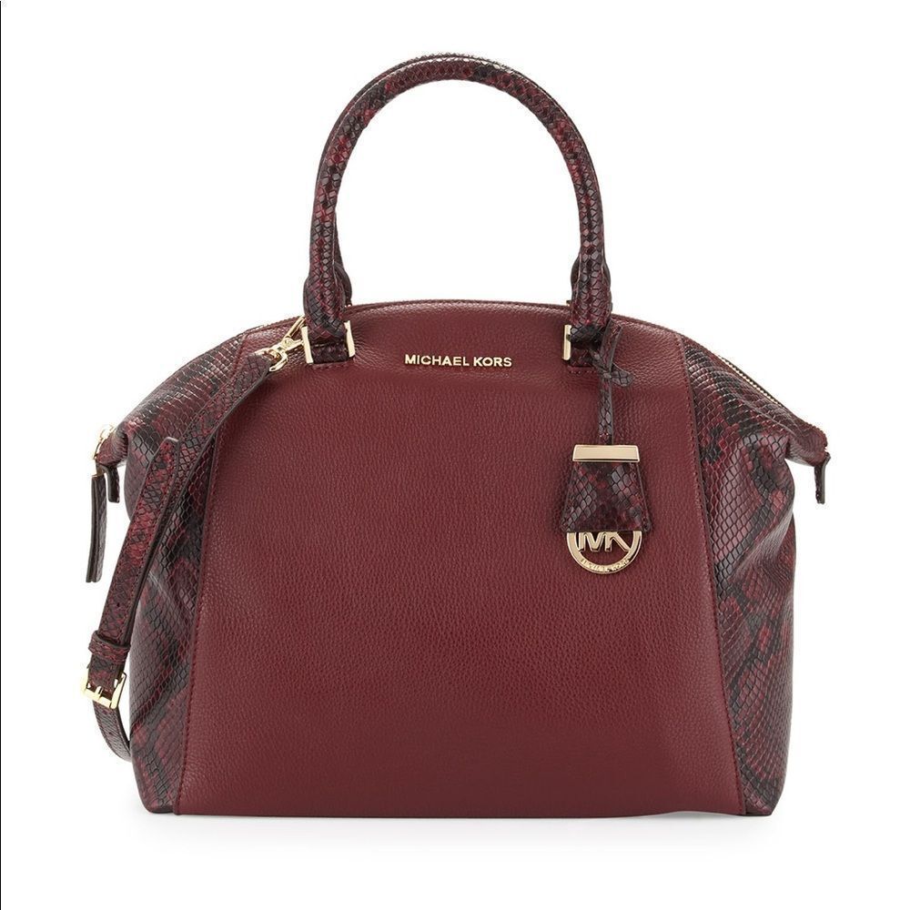 MICHAEL Michael Kors Riley Python-Embossed Satchel Bag in Merlot